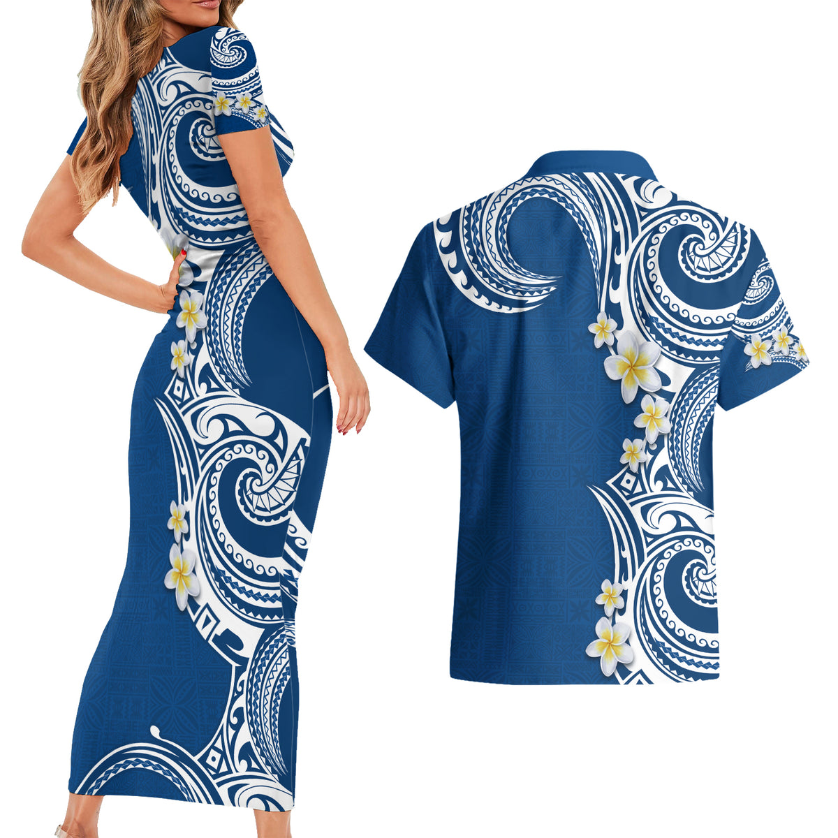 Aloha Polynesian Plumeria Flower Couples Matching Short Sleeve Bodycon Dress and Hawaiian Shirt Blue Color LT03 - Polynesian Pride