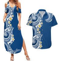 Aloha Polynesian Plumeria Flower Couples Matching Summer Maxi Dress and Hawaiian Shirt Blue Color