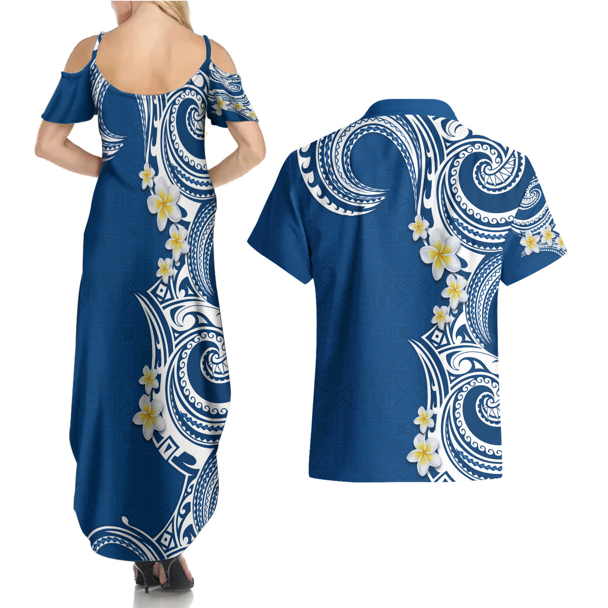 Aloha Polynesian Plumeria Flower Couples Matching Summer Maxi Dress and Hawaiian Shirt Blue Color