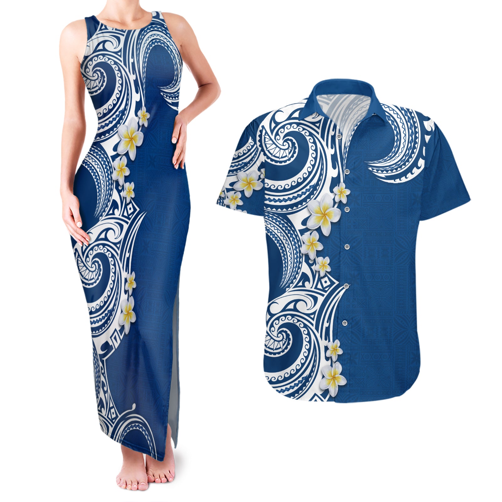 Aloha Polynesian Plumeria Flower Couples Matching Tank Maxi Dress and Hawaiian Shirt Blue Color
