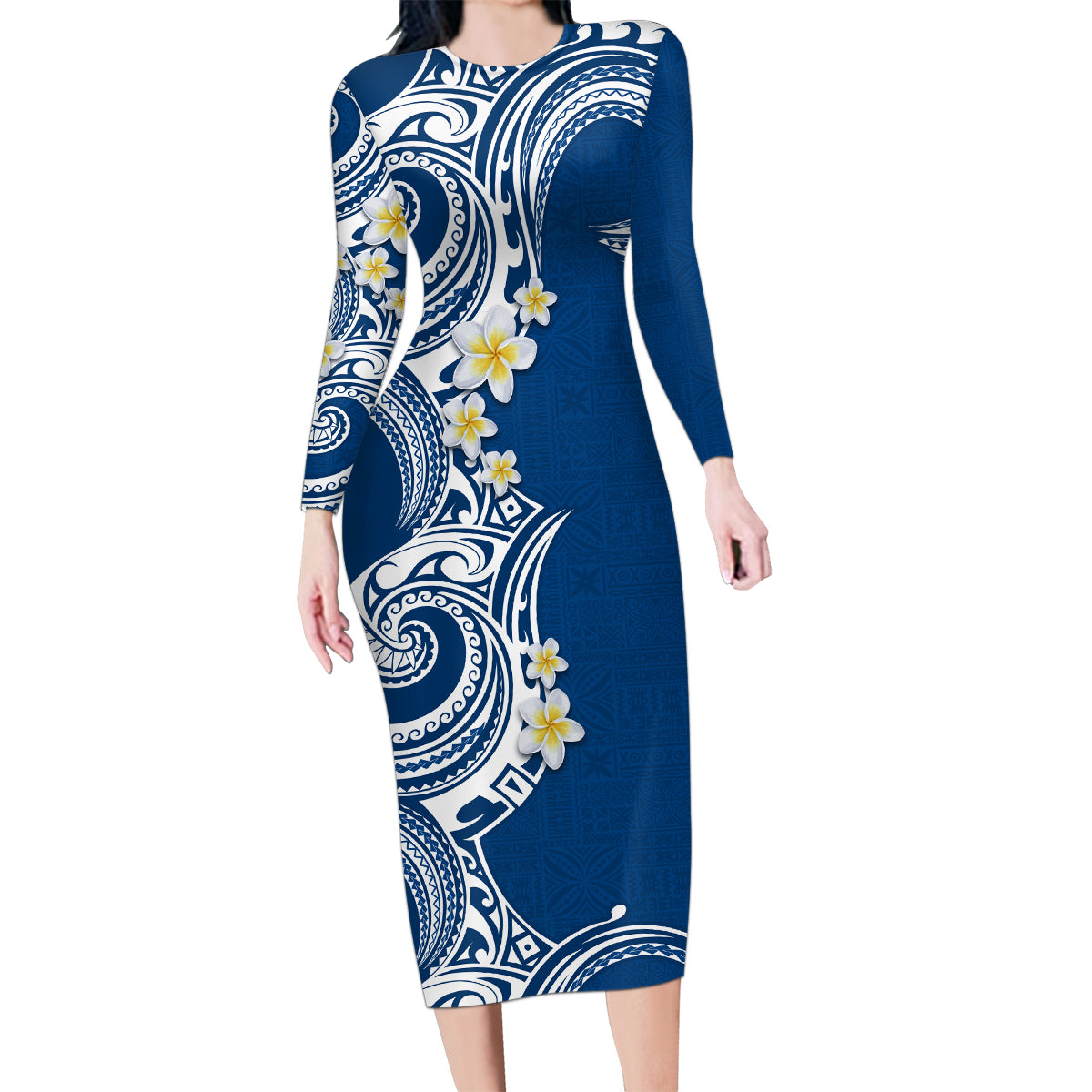 Aloha Polynesian Plumeria Flower Family Matching Long Sleeve Bodycon Dress and Hawaiian Shirt Blue Color
