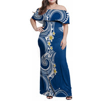 Aloha Polynesian Plumeria Flower Family Matching Off Shoulder Maxi Dress and Hawaiian Shirt Blue Color LT03 Mom's Dress Blue - Polynesian Pride