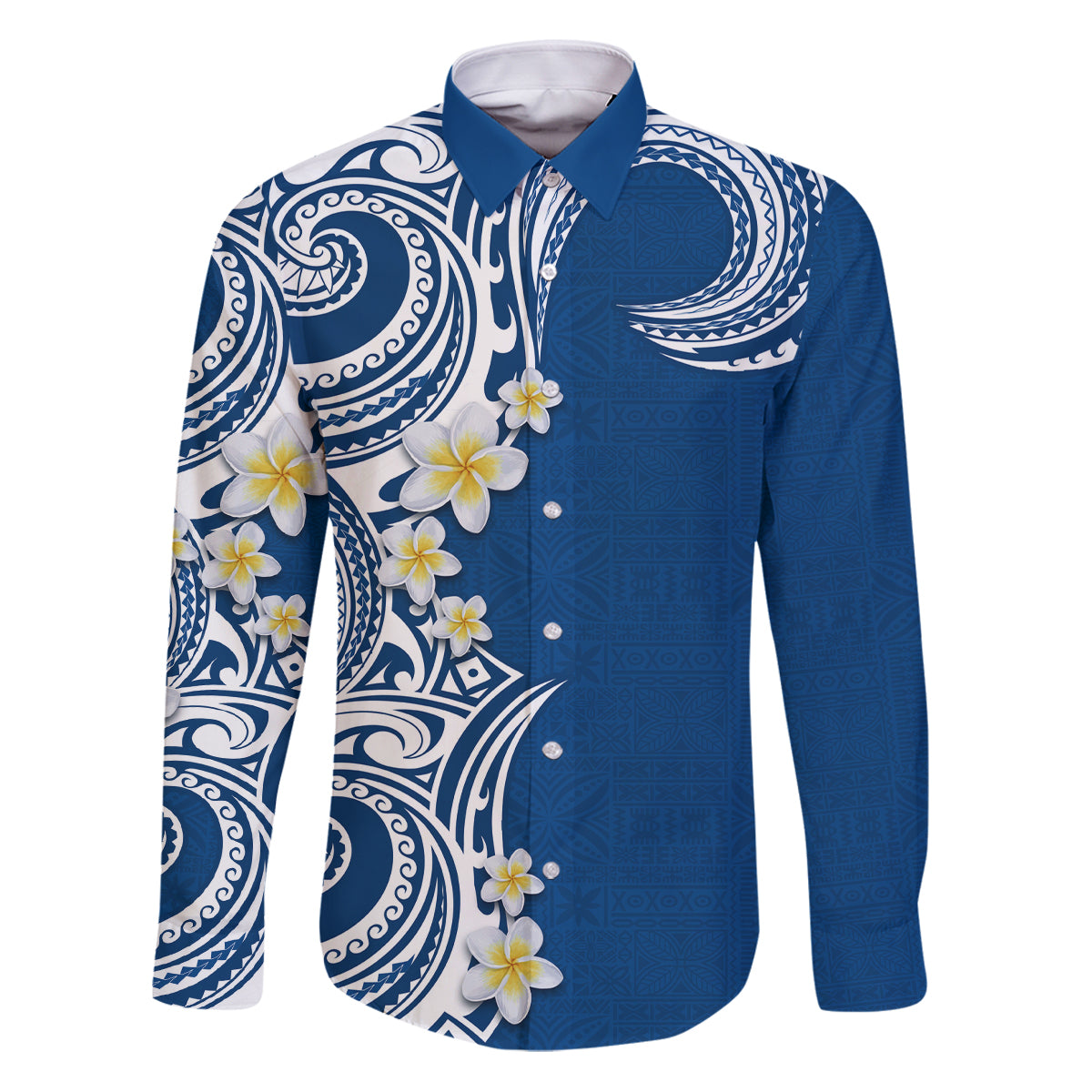 Aloha Polynesian Plumeria Flower Family Matching Puletasi and Hawaiian Shirt Blue Color LT03 Dad's Shirt - Long Sleeve Blue - Polynesian Pride