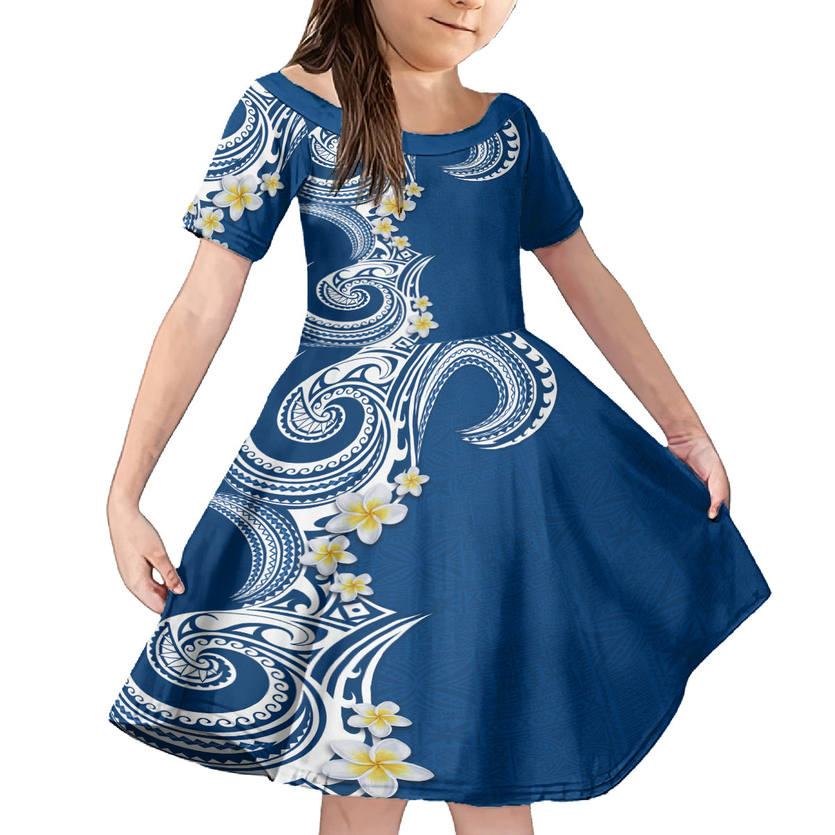 Aloha Polynesian Plumeria Flower Family Matching Tank Maxi Dress and Hawaiian Shirt Blue Color LT03 Daughter's Dress Blue - Polynesian Pride