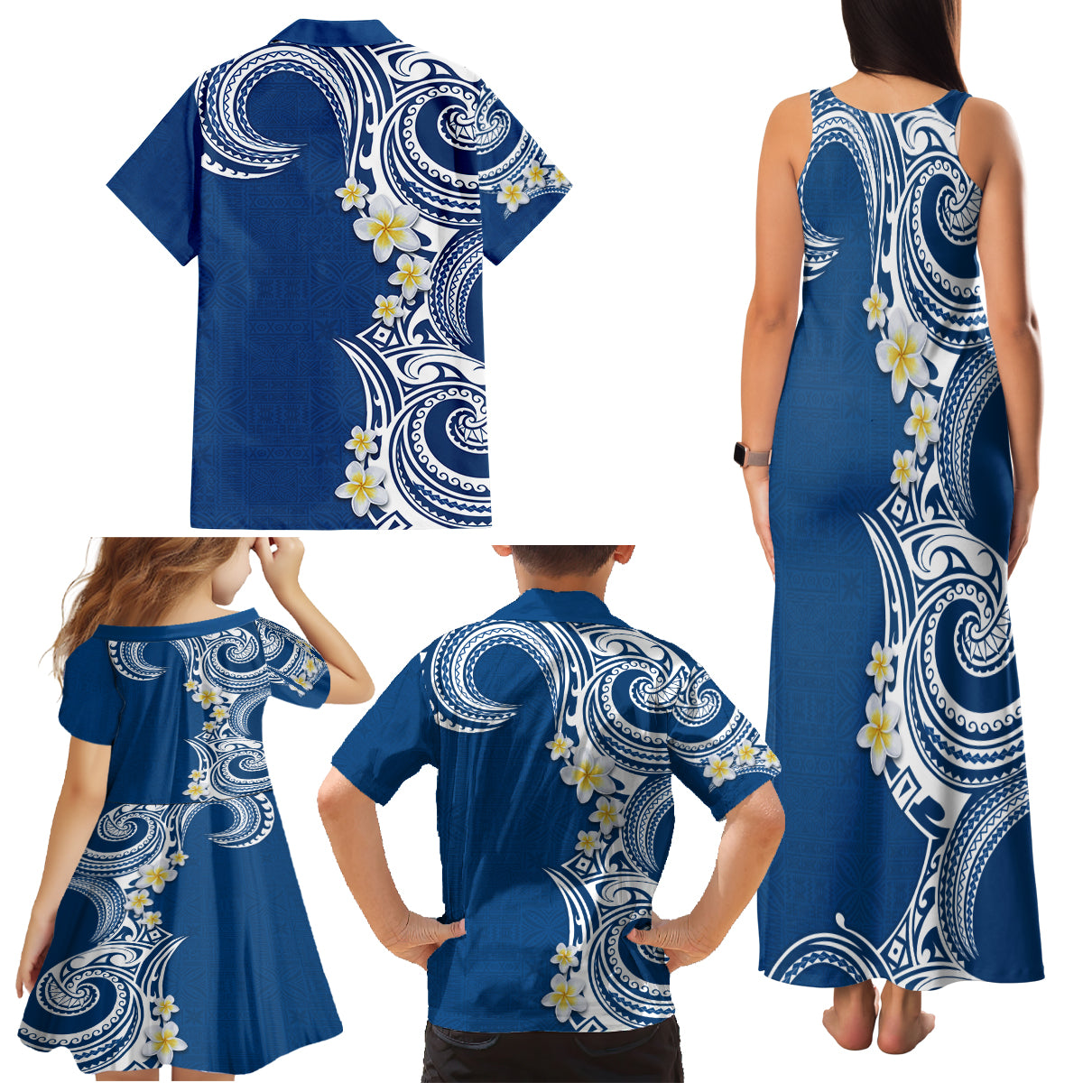Aloha Polynesian Plumeria Flower Family Matching Tank Maxi Dress and Hawaiian Shirt Blue Color LT03 - Polynesian Pride