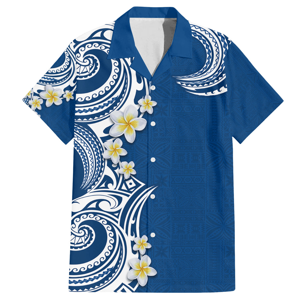 Aloha Polynesian Plumeria Flower Family Matching Tank Maxi Dress and Hawaiian Shirt Blue Color LT03 Dad's Shirt - Short Sleeve Blue - Polynesian Pride