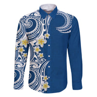 Aloha Polynesian Plumeria Flower Family Matching Tank Maxi Dress and Hawaiian Shirt Blue Color LT03 Dad's Shirt - Long Sleeve Blue - Polynesian Pride