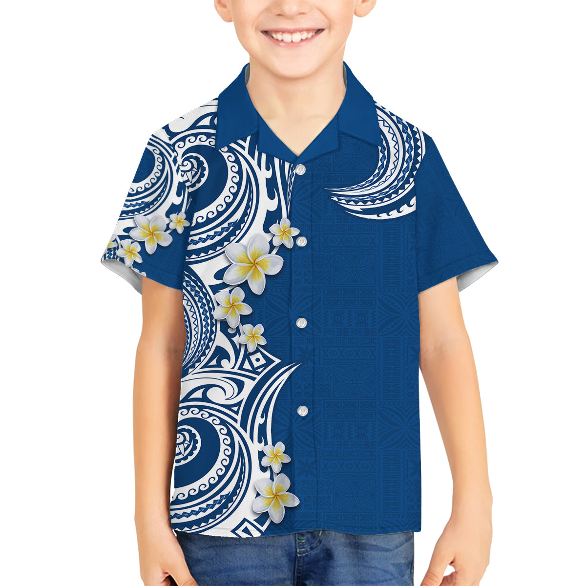 Aloha Polynesian Plumeria Flower Family Matching Tank Maxi Dress and Hawaiian Shirt Blue Color LT03 Son's Shirt Blue - Polynesian Pride