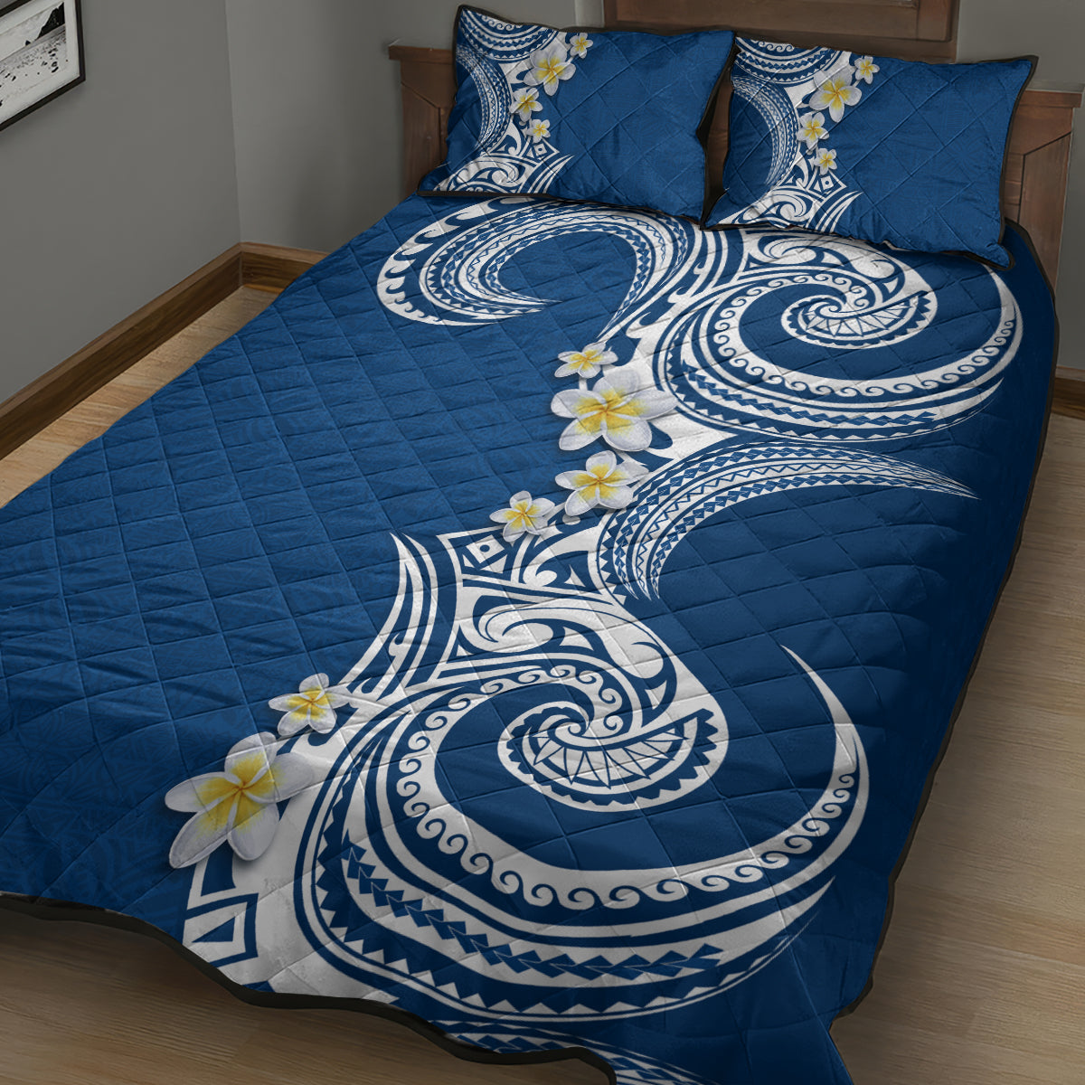 Aloha Polynesian Plumeria Flower Quilt Bed Set Blue Color