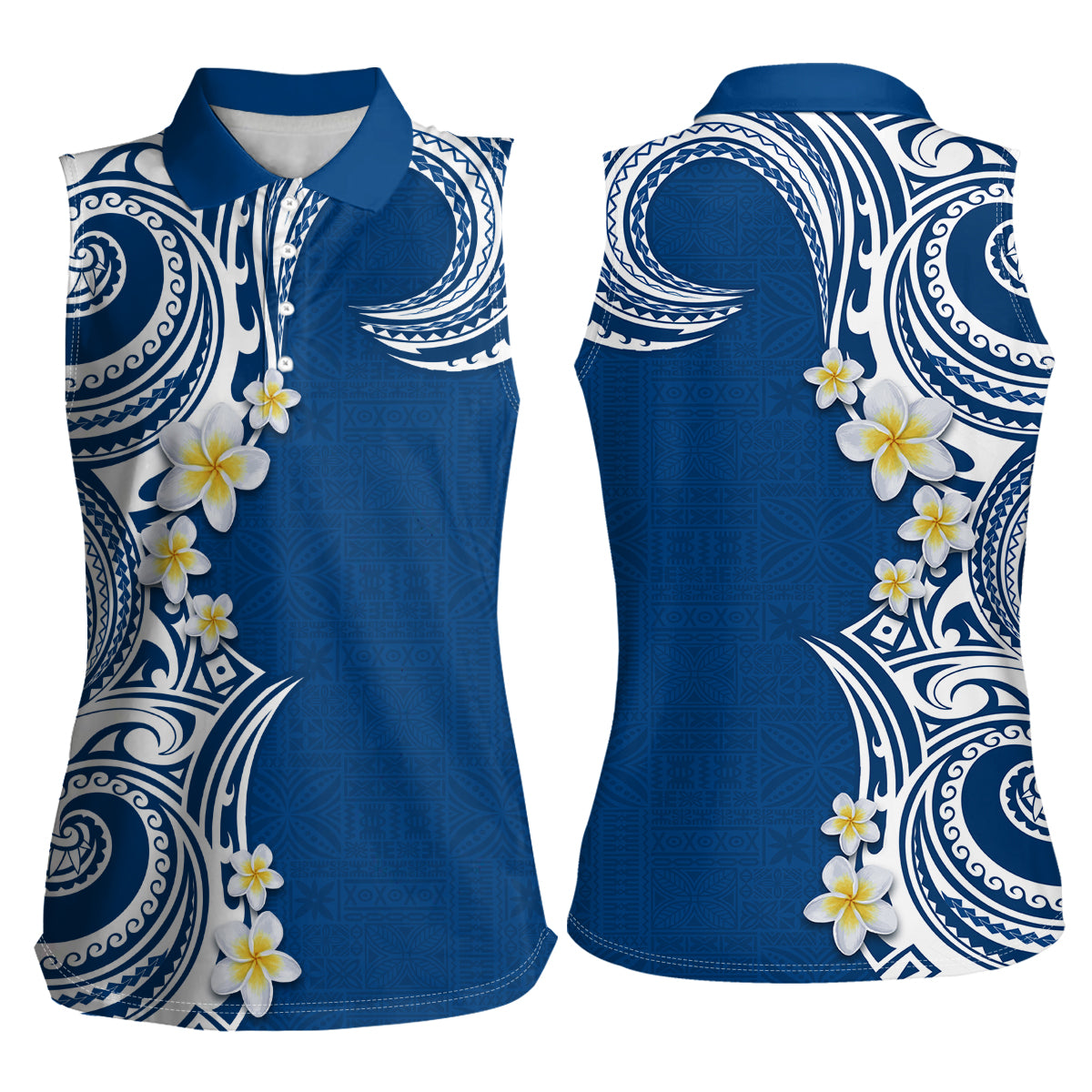 Aloha Polynesian Plumeria Flower Women Sleeveless Polo Shirt Blue Color LT03 - Polynesian Pride