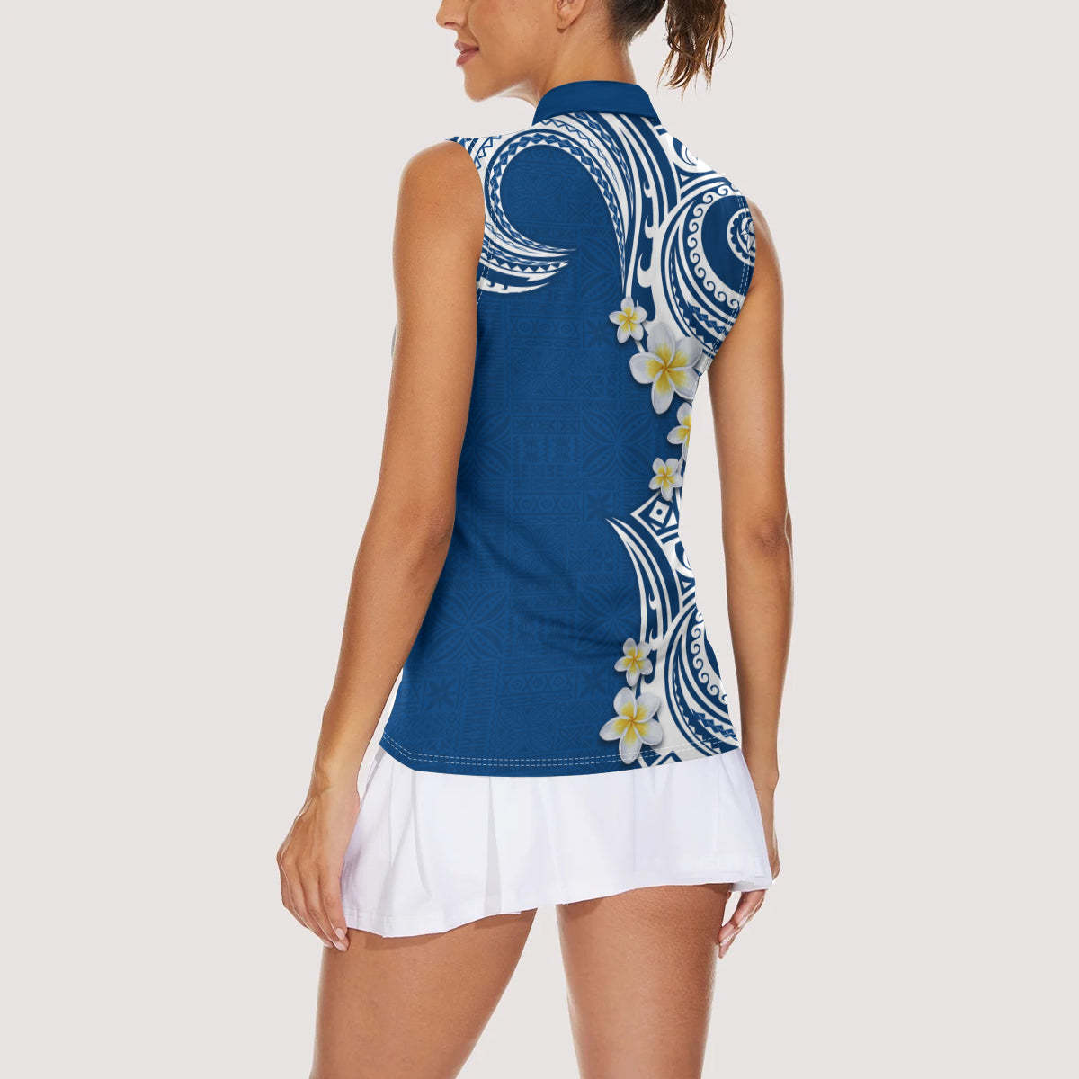 Aloha Polynesian Plumeria Flower Women Sleeveless Polo Shirt Blue Color LT03 - Polynesian Pride