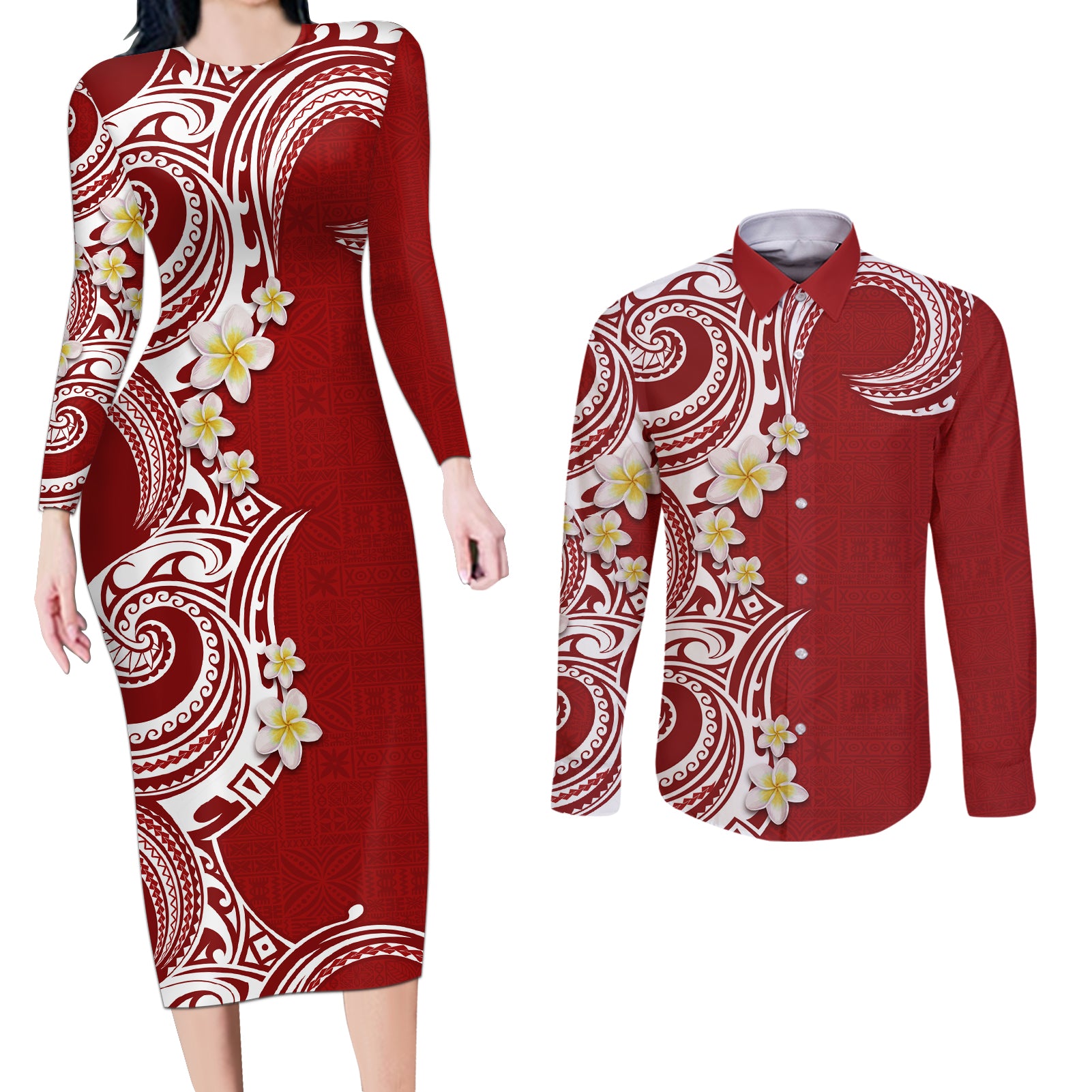 Aloha Polynesian Plumeria Flower Couples Matching Long Sleeve Bodycon Dress and Long Sleeve Button Shirt Red Color