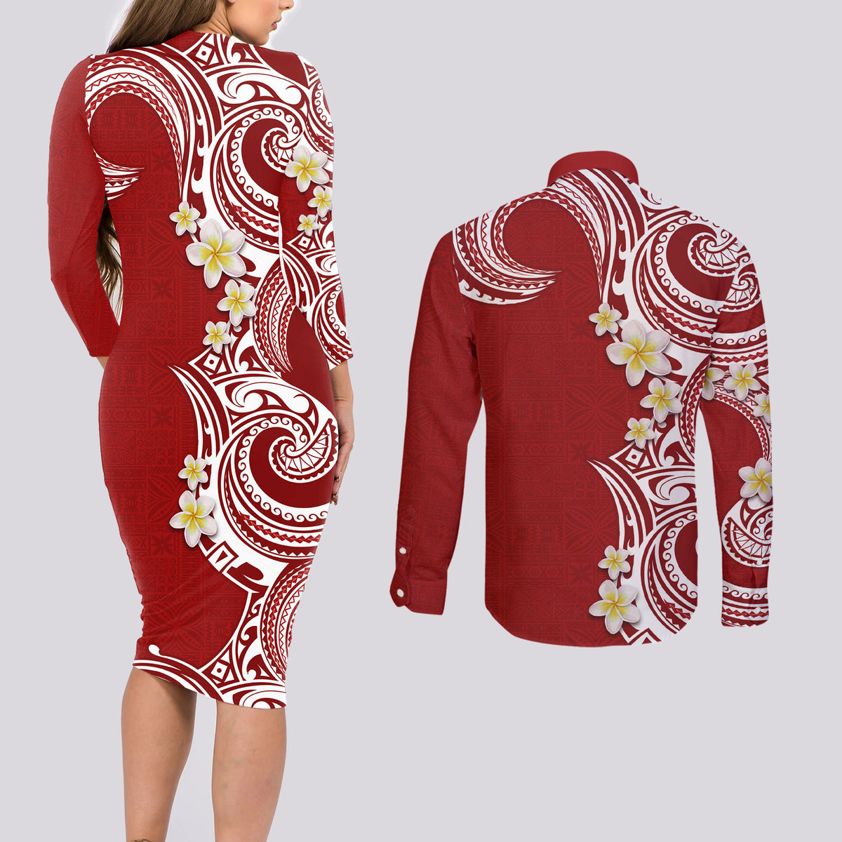 Aloha Polynesian Plumeria Flower Couples Matching Long Sleeve Bodycon Dress and Long Sleeve Button Shirt Red Color