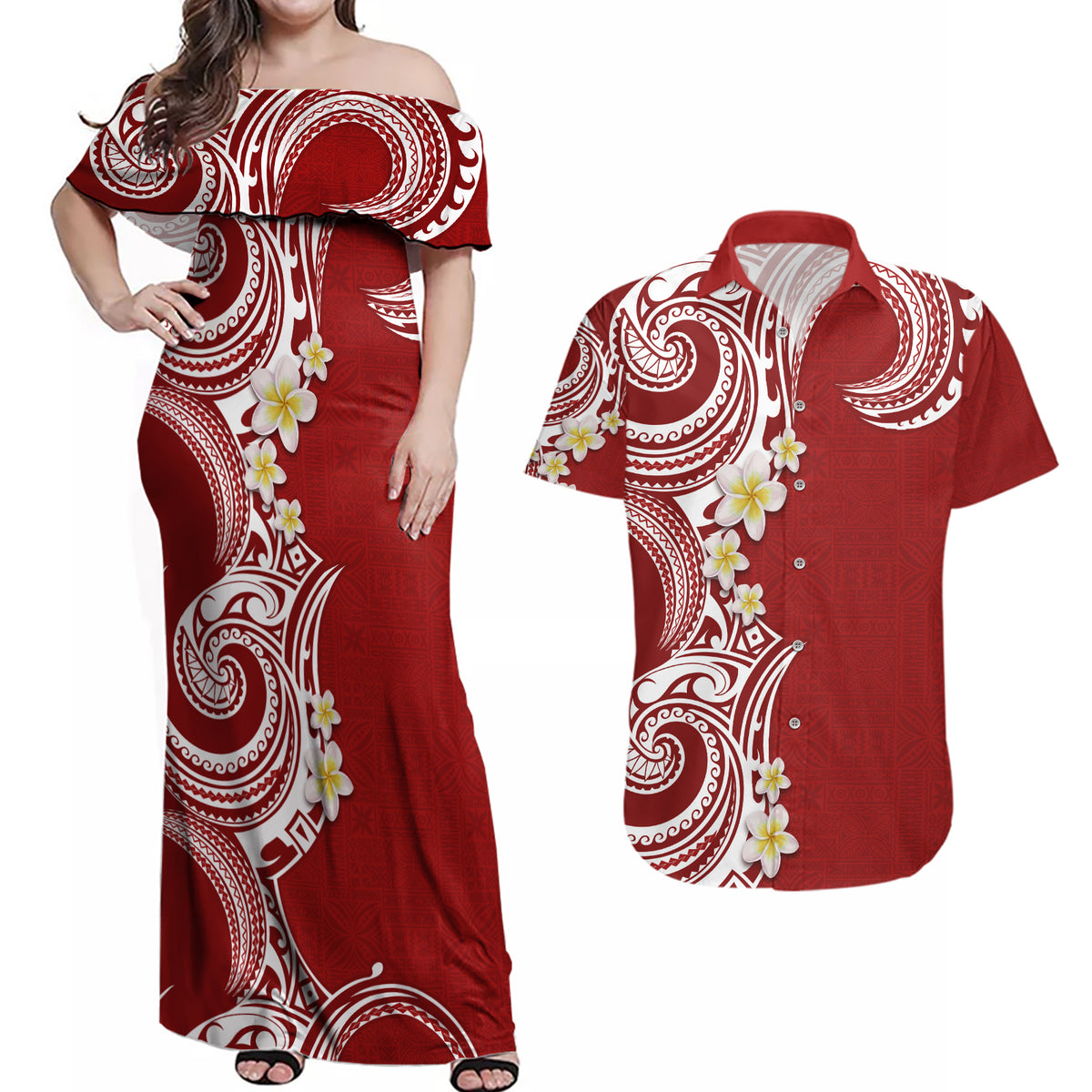 Aloha Polynesian Plumeria Flower Couples Matching Off Shoulder Maxi Dress and Hawaiian Shirt Red Color LT03 Red - Polynesian Pride