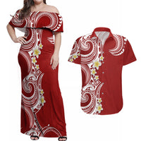 Aloha Polynesian Plumeria Flower Couples Matching Off Shoulder Maxi Dress and Hawaiian Shirt Red Color LT03 Red - Polynesian Pride