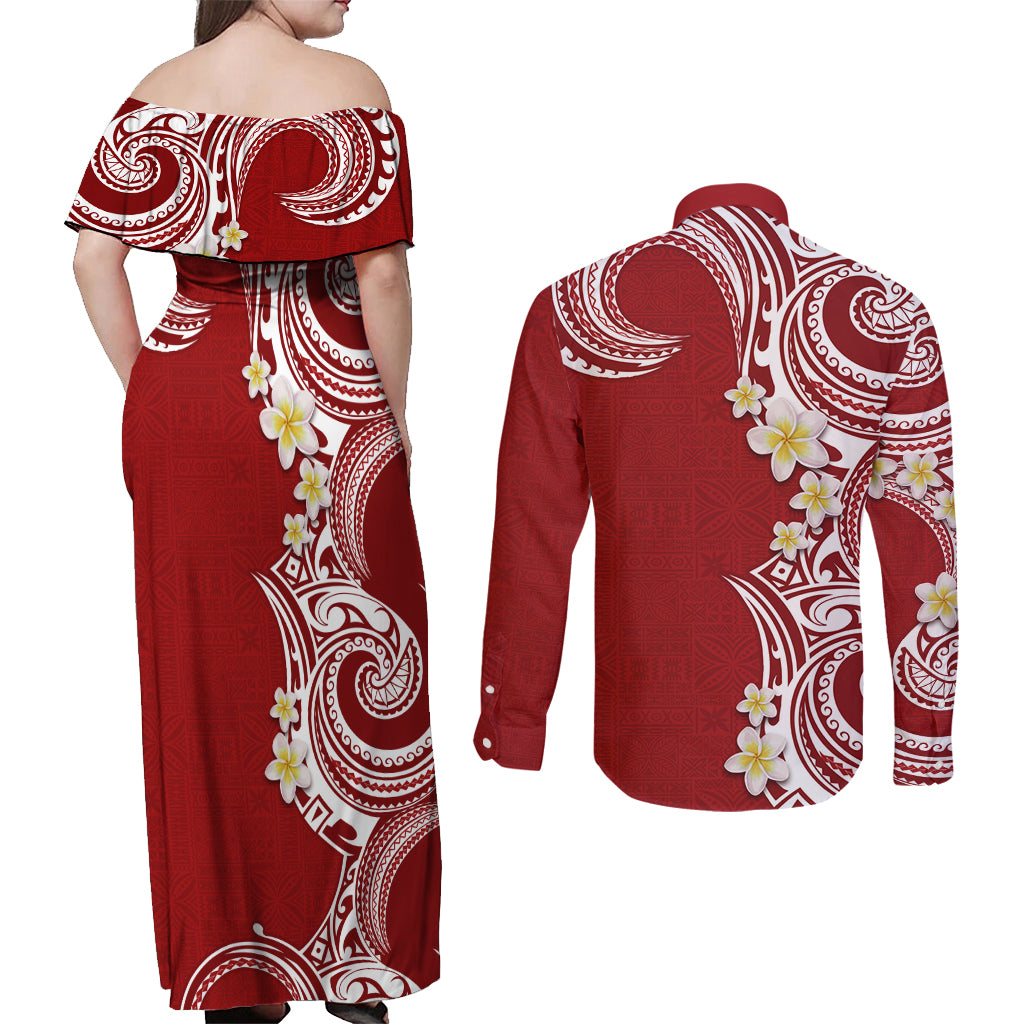 Aloha Polynesian Plumeria Flower Couples Matching Off Shoulder Maxi Dress and Long Sleeve Button Shirt Red Color