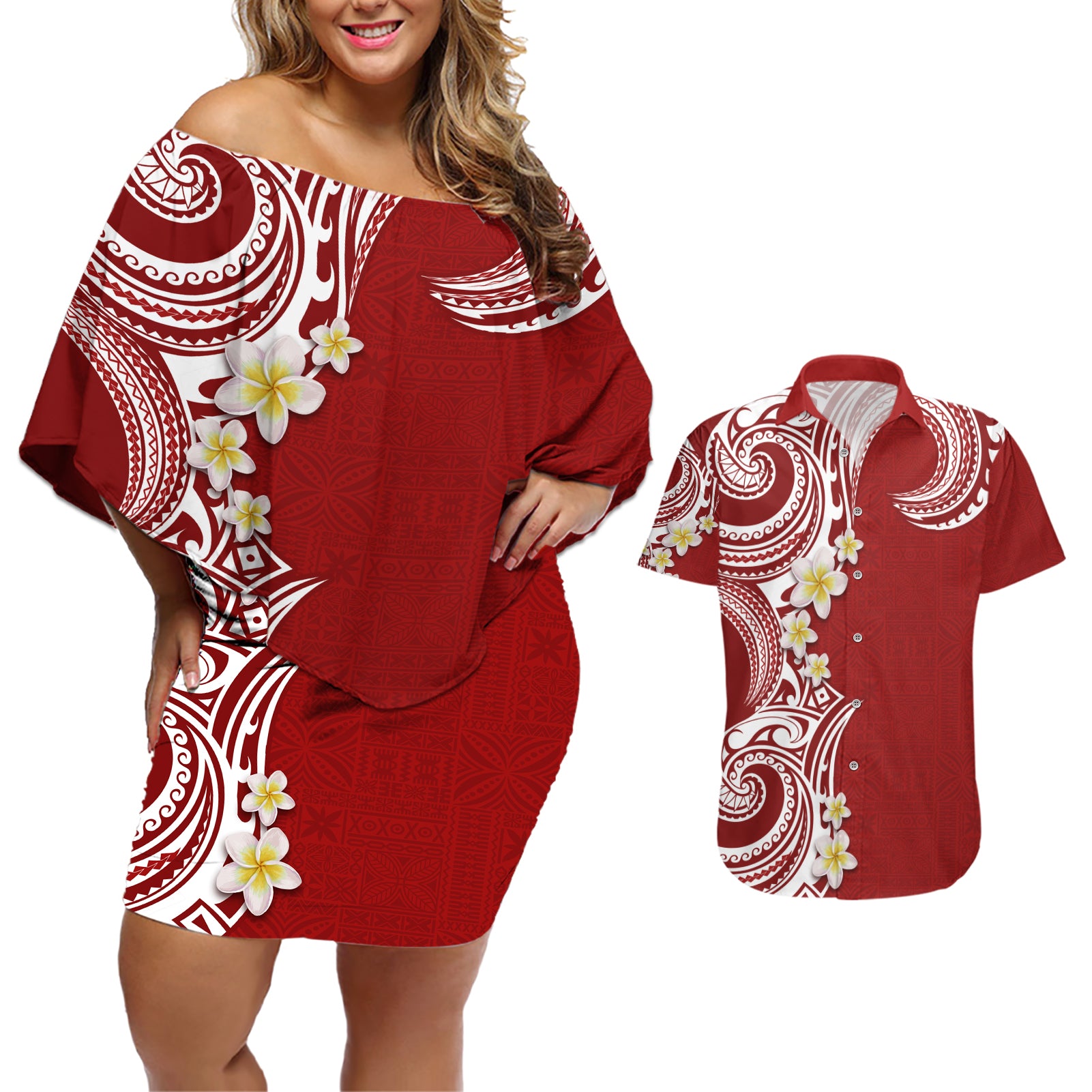Aloha Polynesian Plumeria Flower Couples Matching Off Shoulder Short Dress and Hawaiian Shirt Red Color