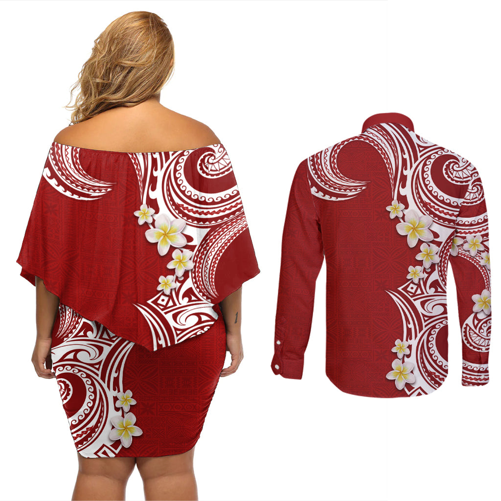 Aloha Polynesian Plumeria Flower Couples Matching Off Shoulder Short Dress and Long Sleeve Button Shirt Red Color