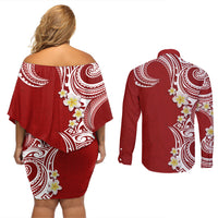 Aloha Polynesian Plumeria Flower Couples Matching Off Shoulder Short Dress and Long Sleeve Button Shirt Red Color
