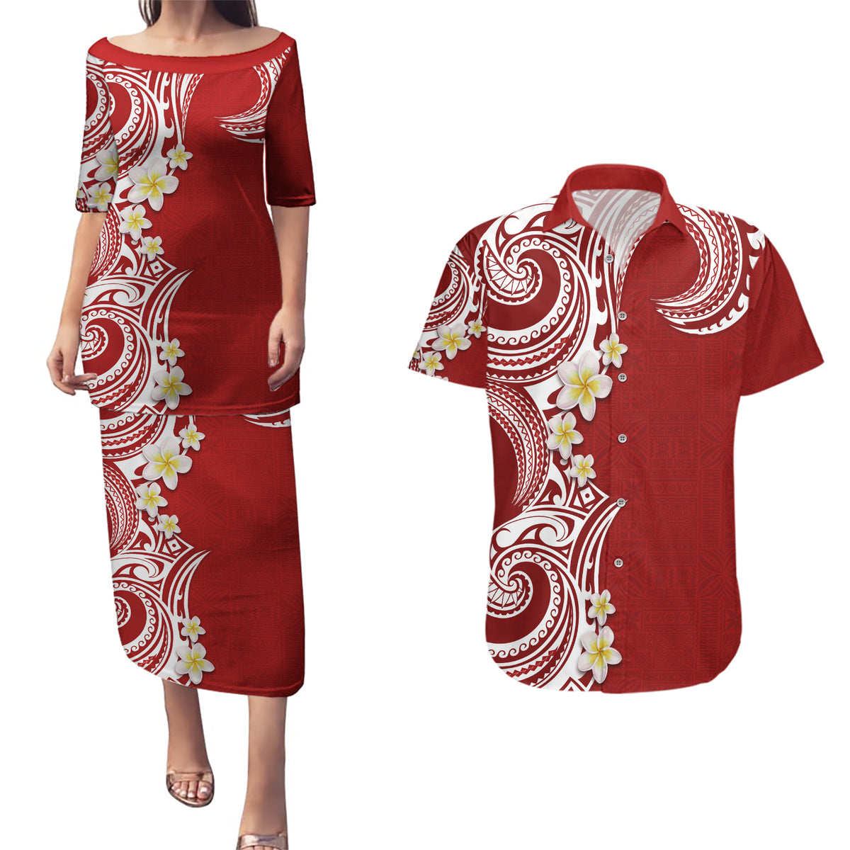Aloha Polynesian Plumeria Flower Couples Matching Puletasi and Hawaiian Shirt Red Color LT03 Red - Polynesian Pride