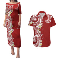 Aloha Polynesian Plumeria Flower Couples Matching Puletasi and Hawaiian Shirt Red Color LT03 Red - Polynesian Pride