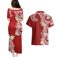 Aloha Polynesian Plumeria Flower Couples Matching Puletasi and Hawaiian Shirt Red Color LT03 - Polynesian Pride