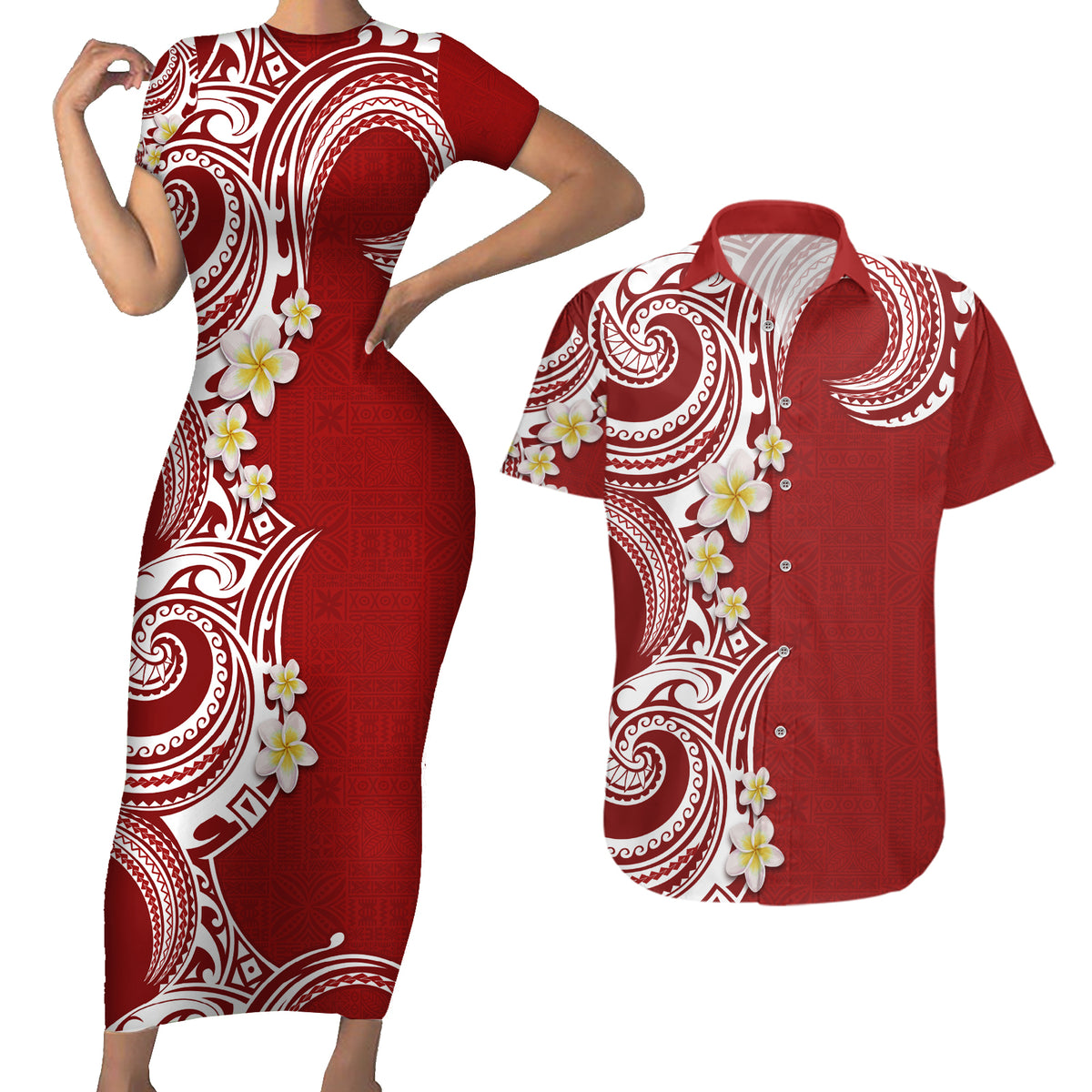 Aloha Polynesian Plumeria Flower Couples Matching Short Sleeve Bodycon Dress and Hawaiian Shirt Red Color LT03 Red - Polynesian Pride