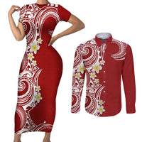 Aloha Polynesian Plumeria Flower Couples Matching Short Sleeve Bodycon Dress and Long Sleeve Button Shirt Red Color