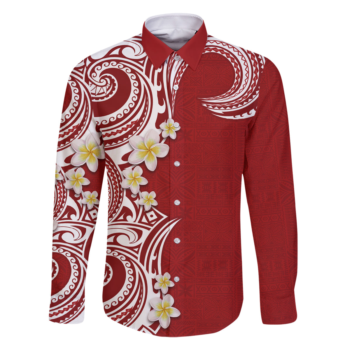 Aloha Polynesian Plumeria Flower Family Matching Long Sleeve Bodycon Dress and Hawaiian Shirt Red Color