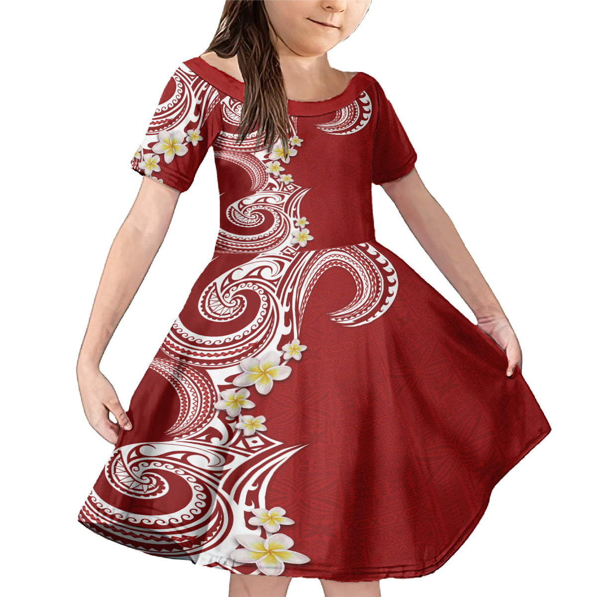 Aloha Polynesian Plumeria Flower Family Matching Mermaid Dress and Hawaiian Shirt Red Color LT03 Daughter's Dress Red - Polynesian Pride