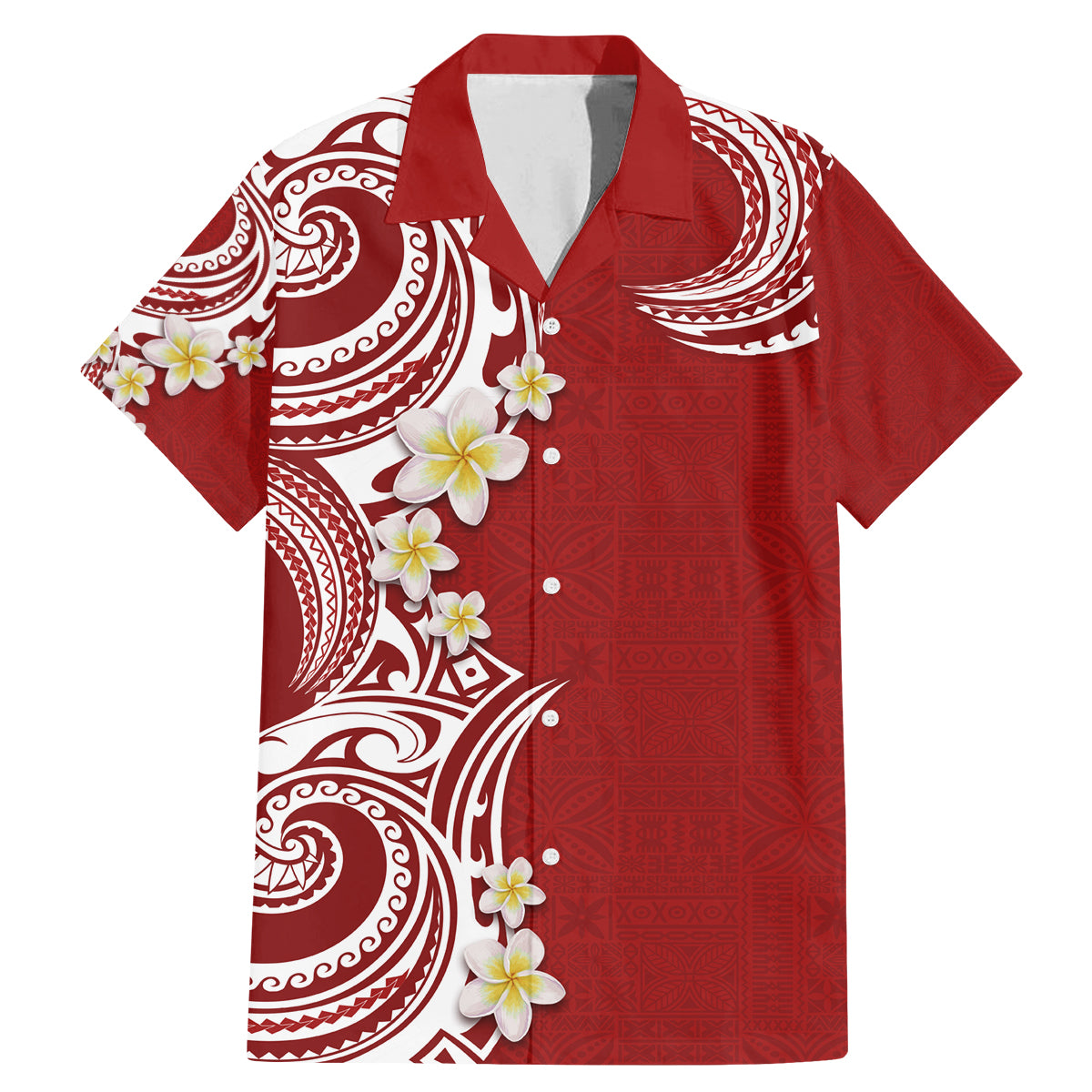 Aloha Polynesian Plumeria Flower Family Matching Mermaid Dress and Hawaiian Shirt Red Color LT03 Dad's Shirt - Short Sleeve Red - Polynesian Pride