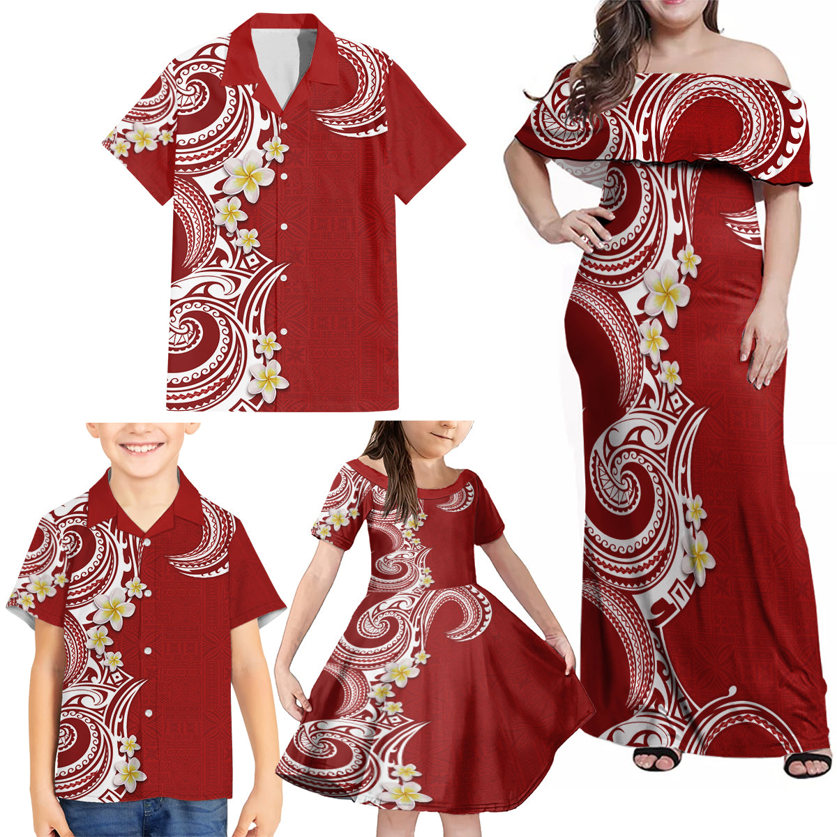 Aloha Polynesian Plumeria Flower Family Matching Off Shoulder Maxi Dress and Hawaiian Shirt Red Color LT03 - Polynesian Pride