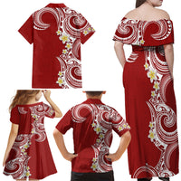 Aloha Polynesian Plumeria Flower Family Matching Off Shoulder Maxi Dress and Hawaiian Shirt Red Color LT03 - Polynesian Pride