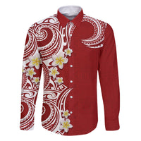 Aloha Polynesian Plumeria Flower Family Matching Off Shoulder Maxi Dress and Hawaiian Shirt Red Color LT03 Dad's Shirt - Long Sleeve Red - Polynesian Pride