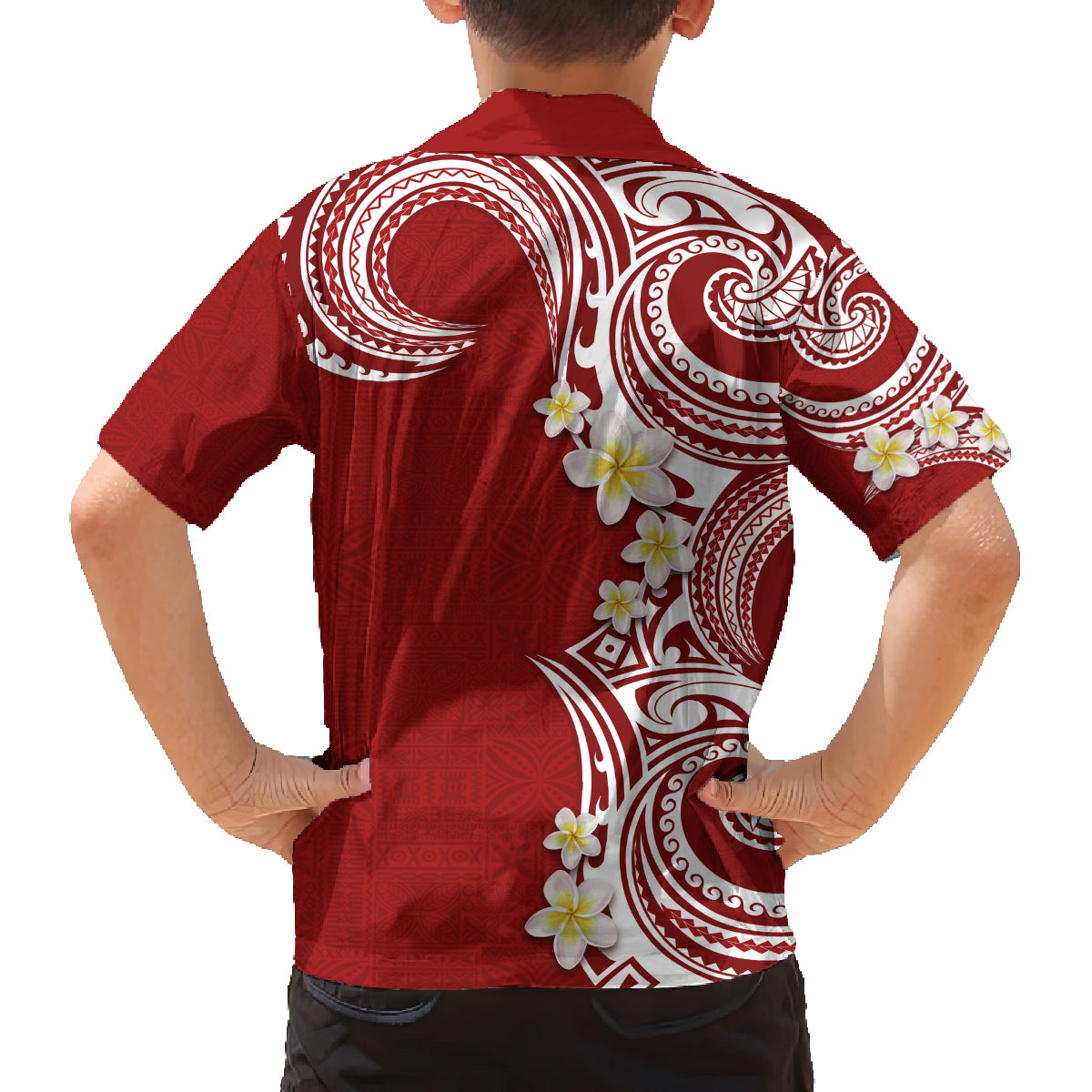 Aloha Polynesian Plumeria Flower Family Matching Puletasi and Hawaiian Shirt Red Color LT03 - Polynesian Pride
