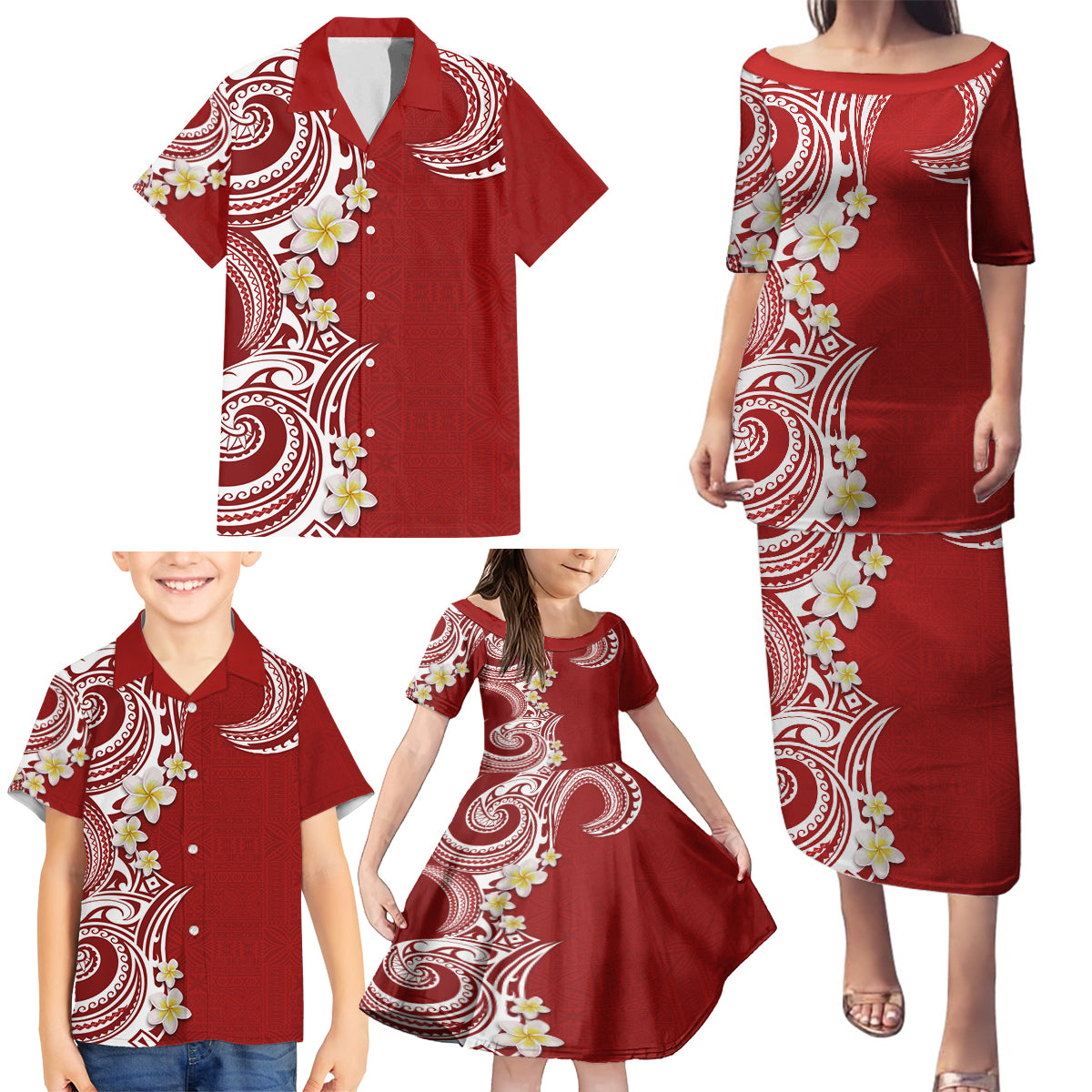 Aloha Polynesian Plumeria Flower Family Matching Puletasi and Hawaiian Shirt Red Color LT03 - Polynesian Pride