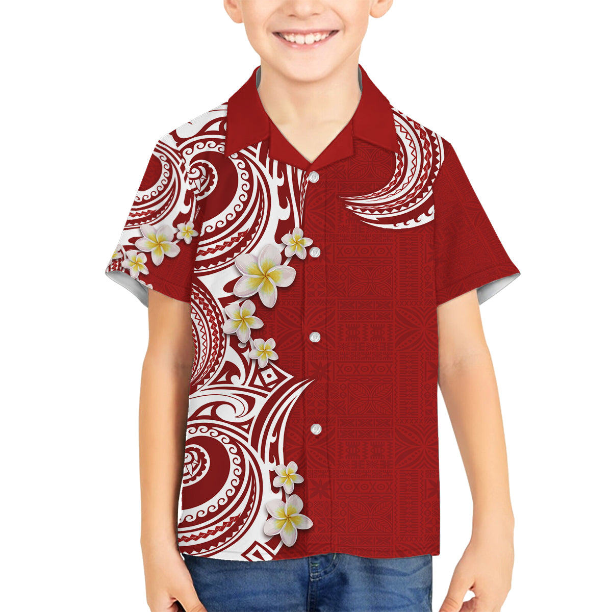 Aloha Polynesian Plumeria Flower Family Matching Puletasi and Hawaiian Shirt Red Color LT03 Son's Shirt Red - Polynesian Pride