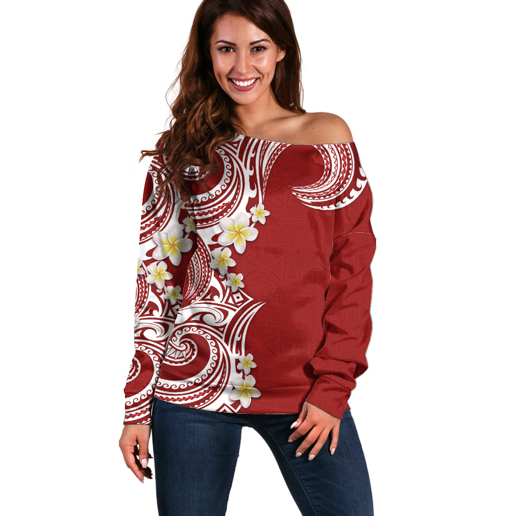 Aloha Polynesian Plumeria Flower Off Shoulder Sweater Red Color LT03 Women Red - Polynesian Pride