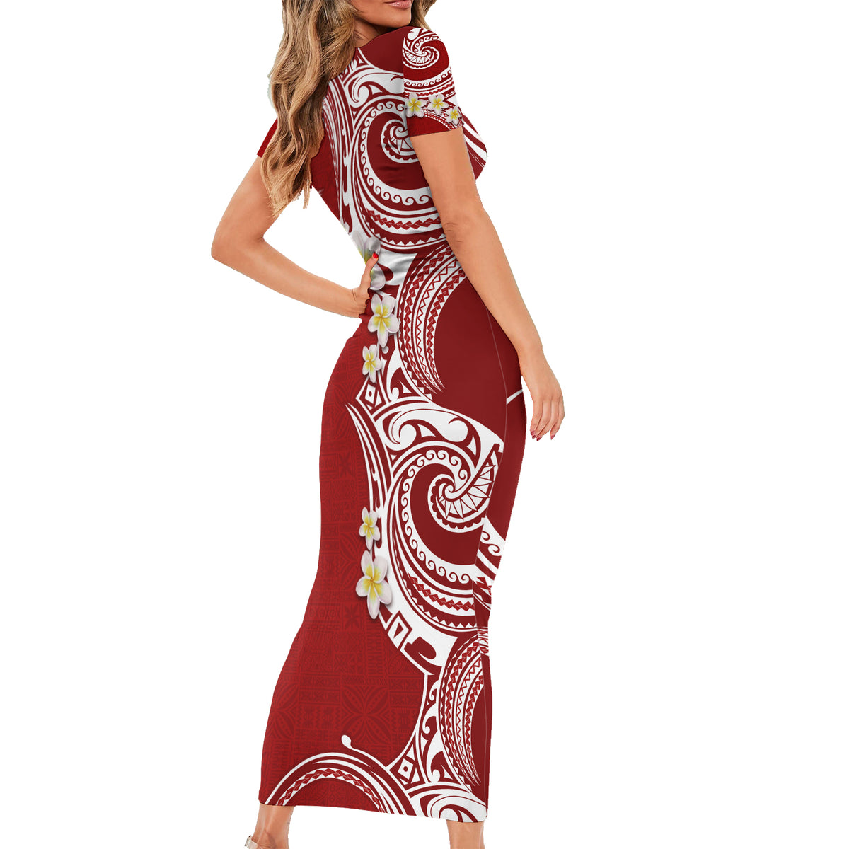 Aloha Polynesian Plumeria Flower Short Sleeve Bodycon Dress Red Color