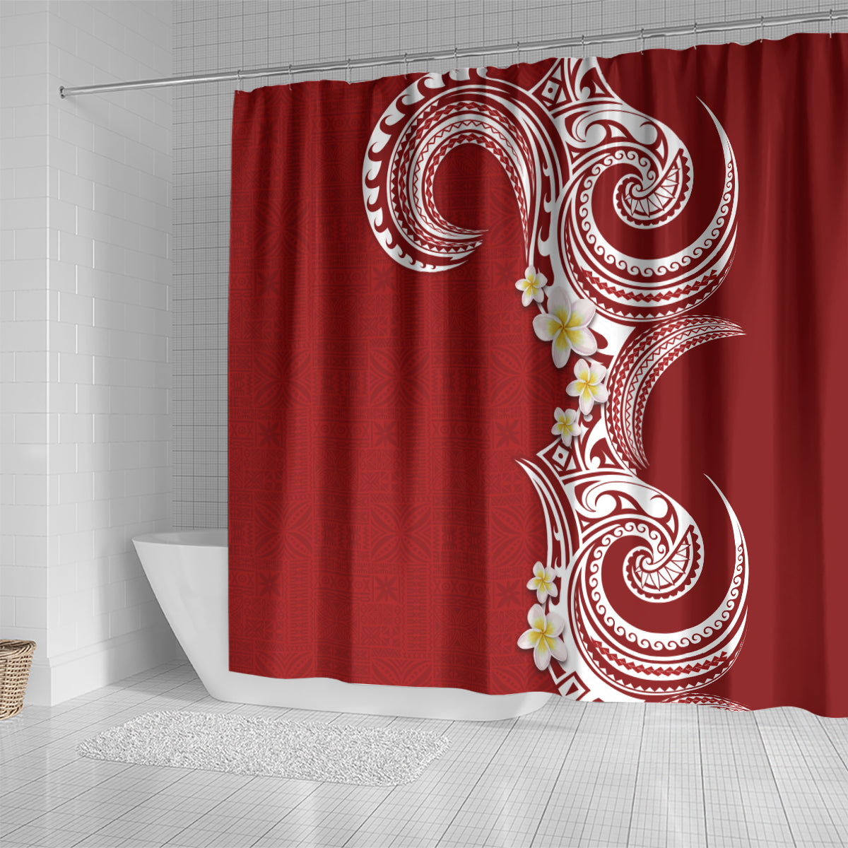 Aloha Polynesian Plumeria Flower Shower Curtain Red Color
