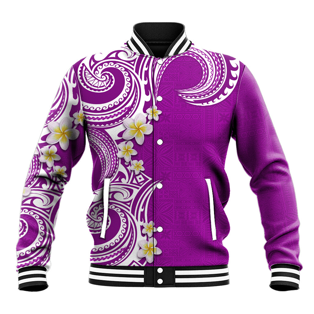 Aloha Polynesian Plumeria Flower Baseball Jacket Purple Color