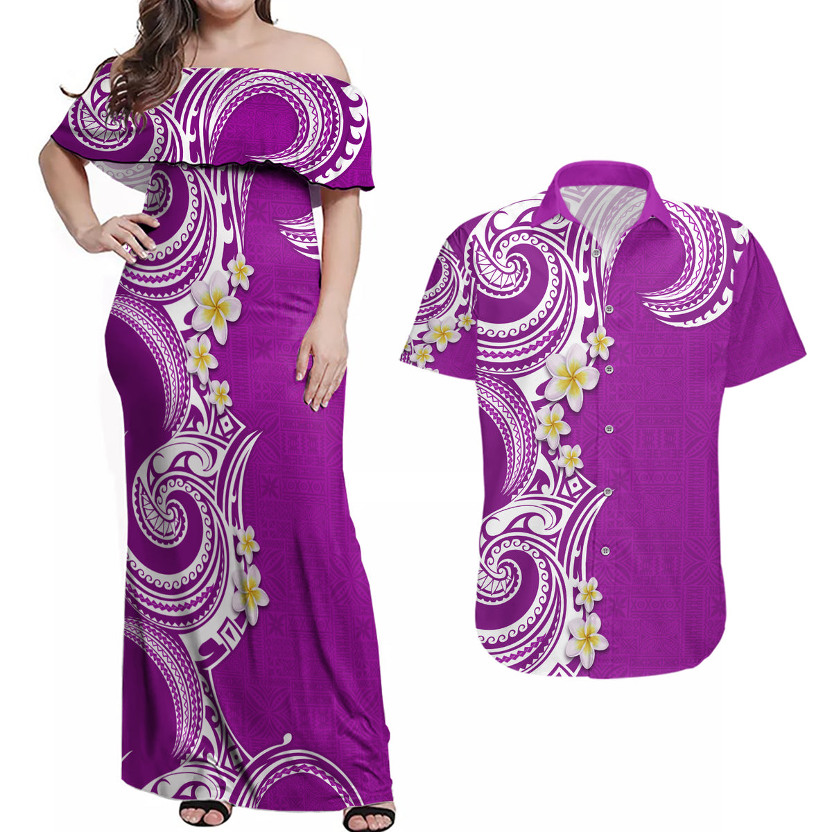 Aloha Polynesian Plumeria Flower Couples Matching Off Shoulder Maxi Dress and Hawaiian Shirt Purple Color LT03 Purple - Polynesian Pride