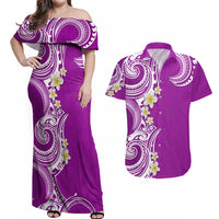 Aloha Polynesian Plumeria Flower Couples Matching Off Shoulder Maxi Dress and Hawaiian Shirt Purple Color LT03 Purple - Polynesian Pride