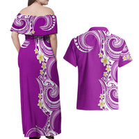 Aloha Polynesian Plumeria Flower Couples Matching Off Shoulder Maxi Dress and Hawaiian Shirt Purple Color LT03 - Polynesian Pride