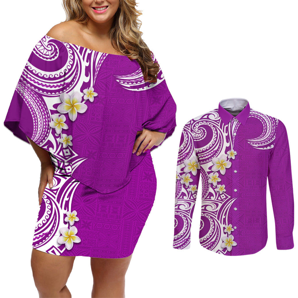 Aloha Polynesian Plumeria Flower Couples Matching Off Shoulder Short Dress and Long Sleeve Button Shirt Purple Color