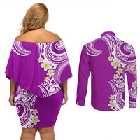 Aloha Polynesian Plumeria Flower Couples Matching Off Shoulder Short Dress and Long Sleeve Button Shirt Purple Color