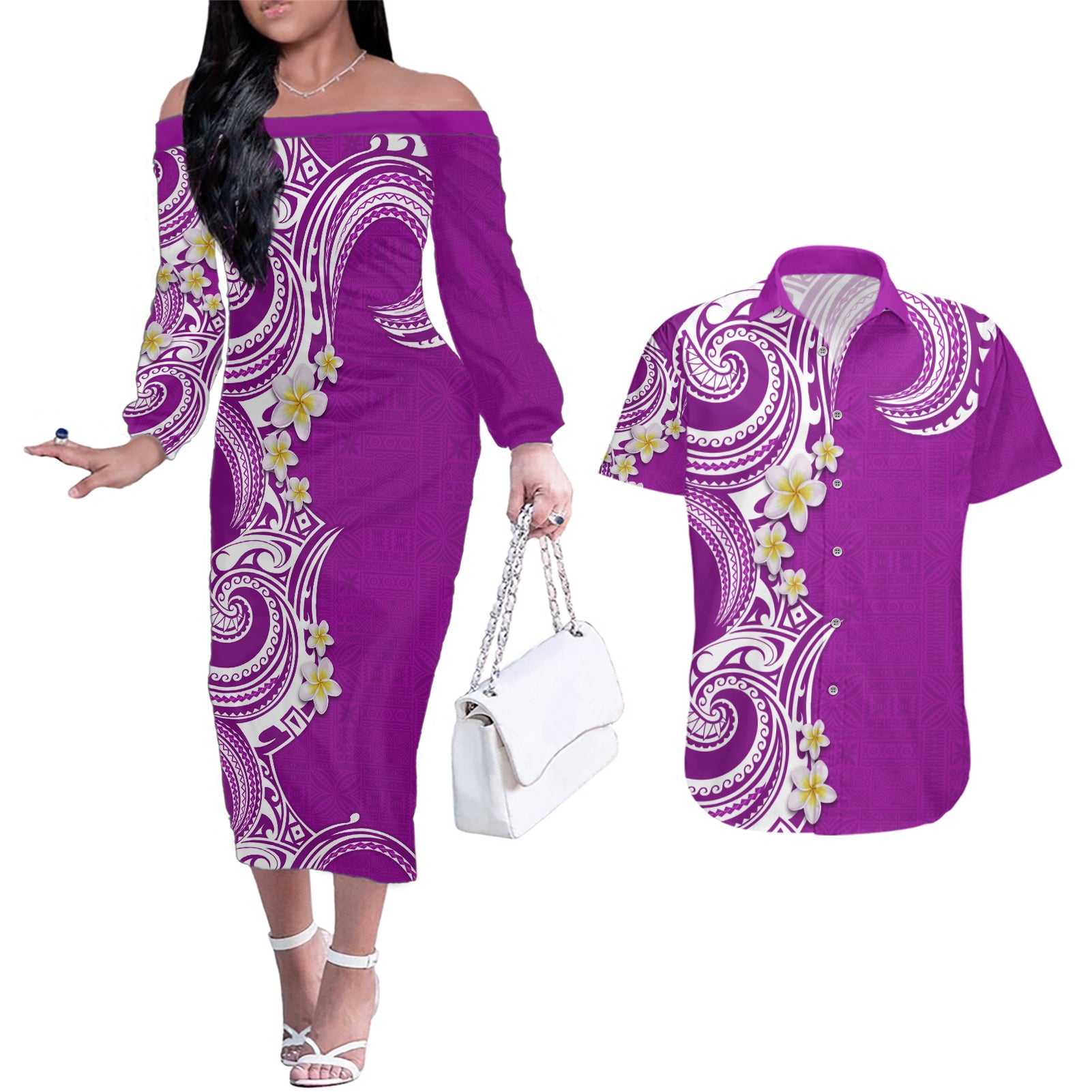 Aloha Polynesian Plumeria Flower Couples Matching Off The Shoulder Long Sleeve Dress and Hawaiian Shirt Purple Color