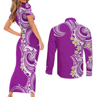 Aloha Polynesian Plumeria Flower Couples Matching Short Sleeve Bodycon Dress and Long Sleeve Button Shirt Purple Color