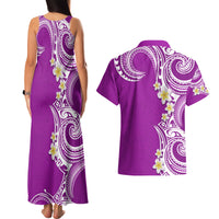 Aloha Polynesian Plumeria Flower Couples Matching Tank Maxi Dress and Hawaiian Shirt Purple Color