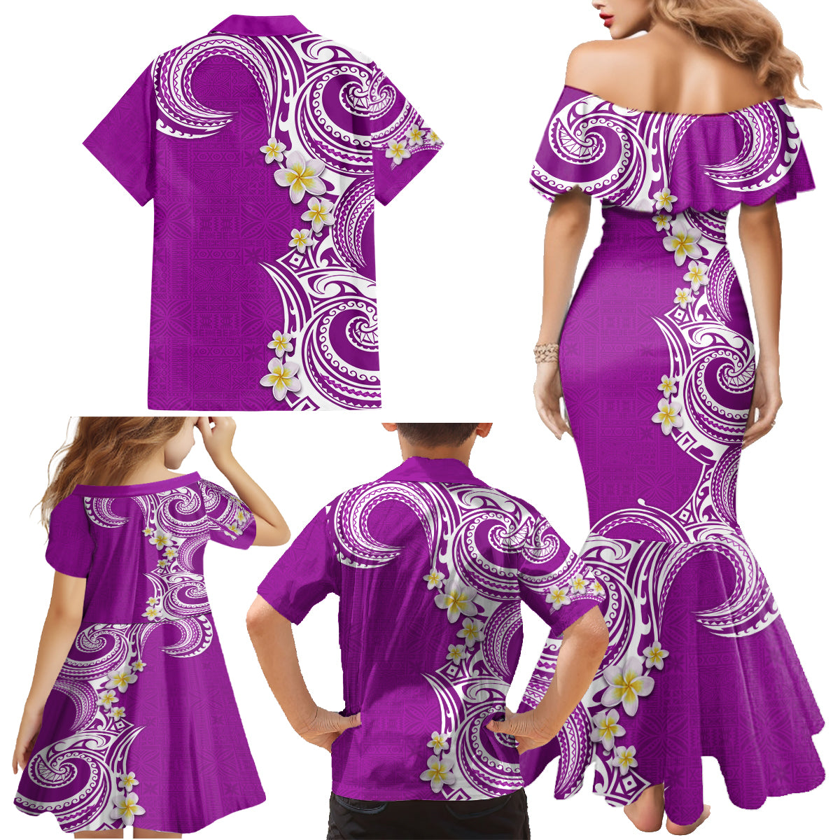 Aloha Polynesian Plumeria Flower Family Matching Mermaid Dress and Hawaiian Shirt Purple Color LT03 - Polynesian Pride